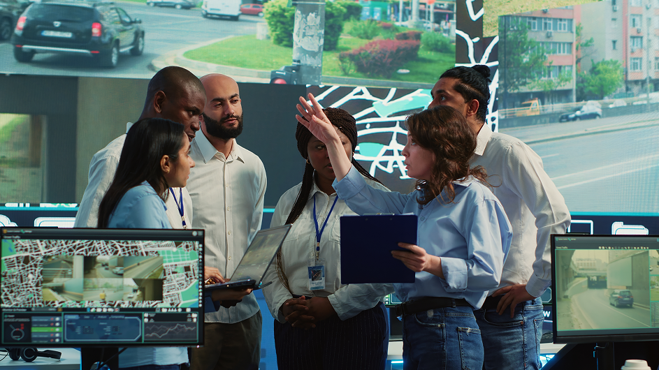 diversos grupos de empleados discutiendo formas de acelerar la entrega de pedidos